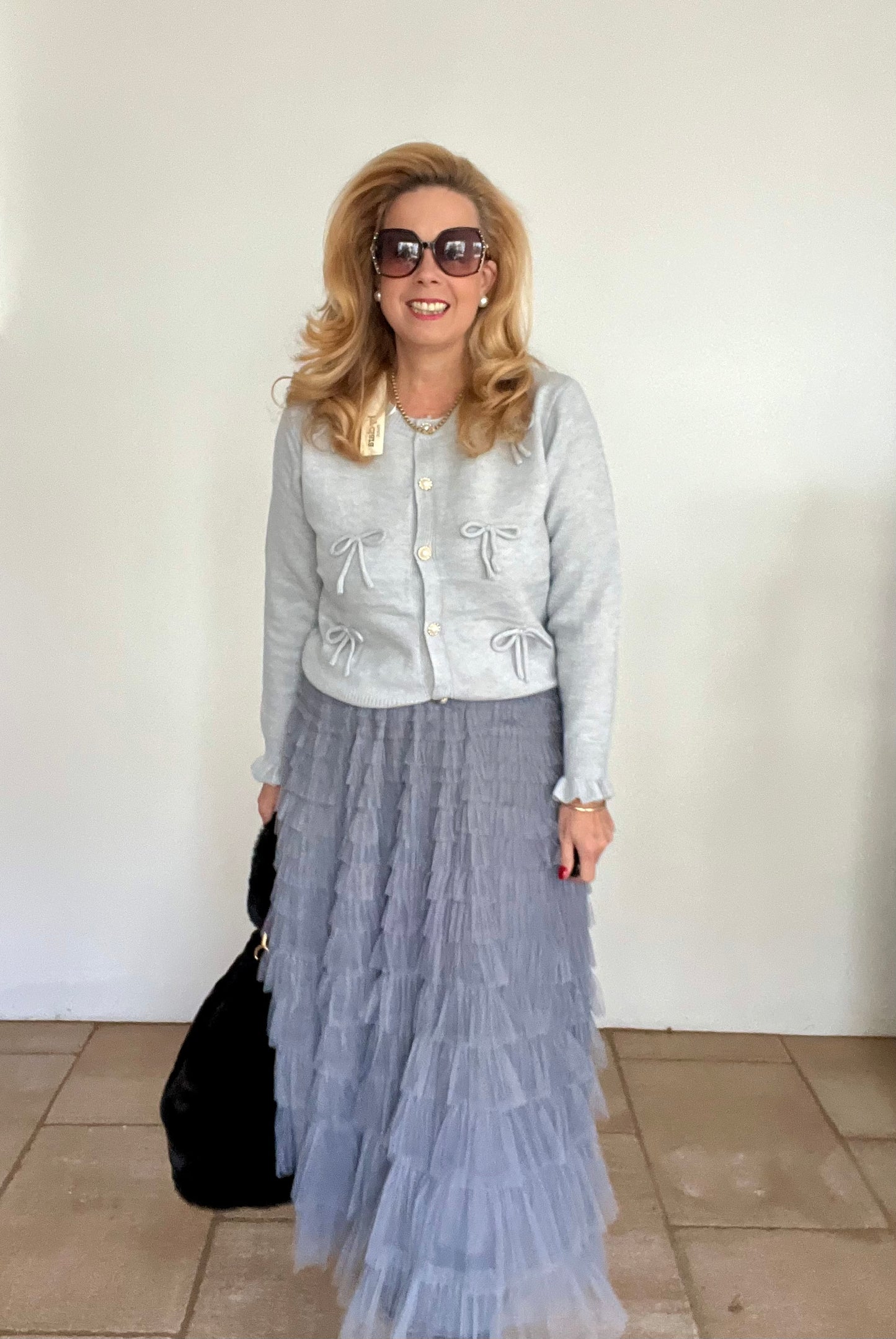 Strickjacke mit Schleifen in altrosé und grau