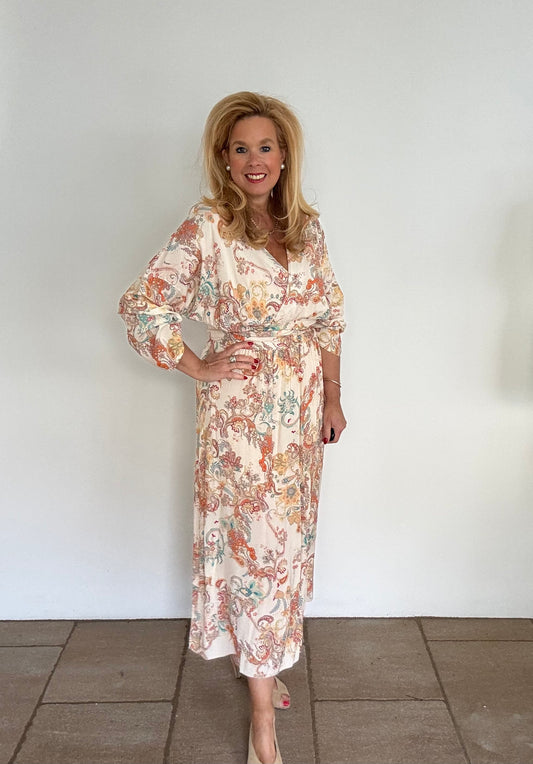 Kleid mit Wickeloberteil im Paisleymuster in zwei Farbvarianten