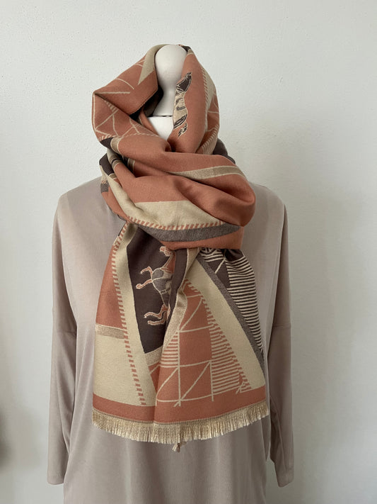 Schal mit Pferdemotiv, lachsrosa, braun, beige