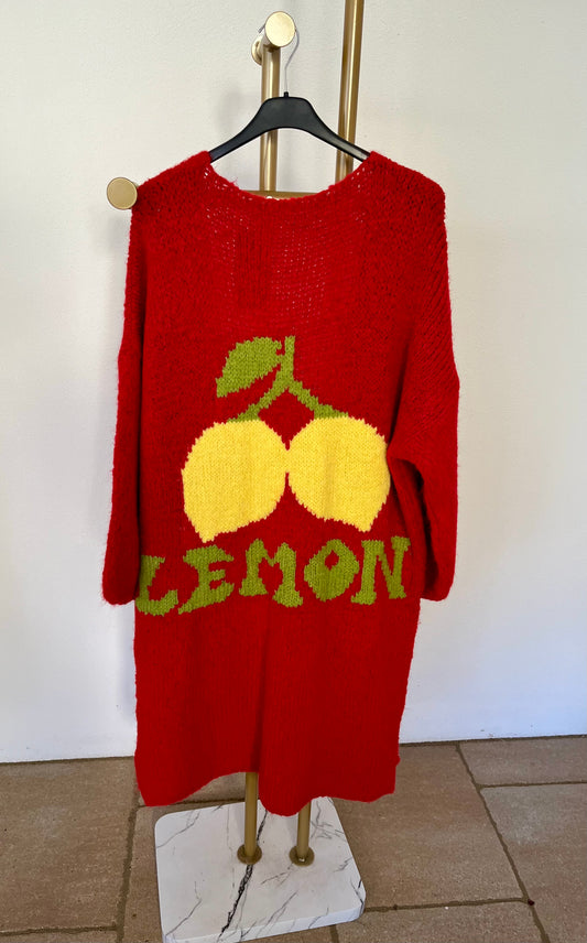 Strickmantel lemon in rot, hellgrau und oliv