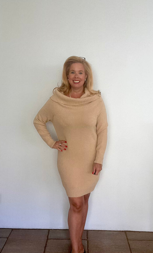 Kurzes Strickkleid mit Rollkragen in zwei Farben