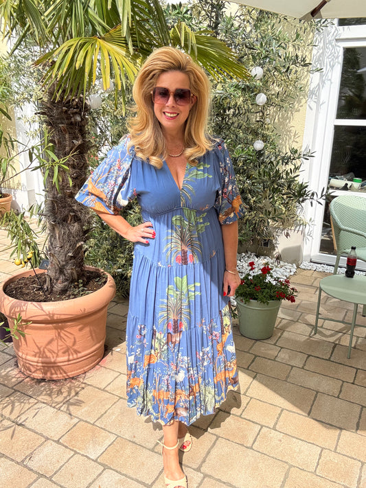 Kleid Bali oliv, offwhite und blau